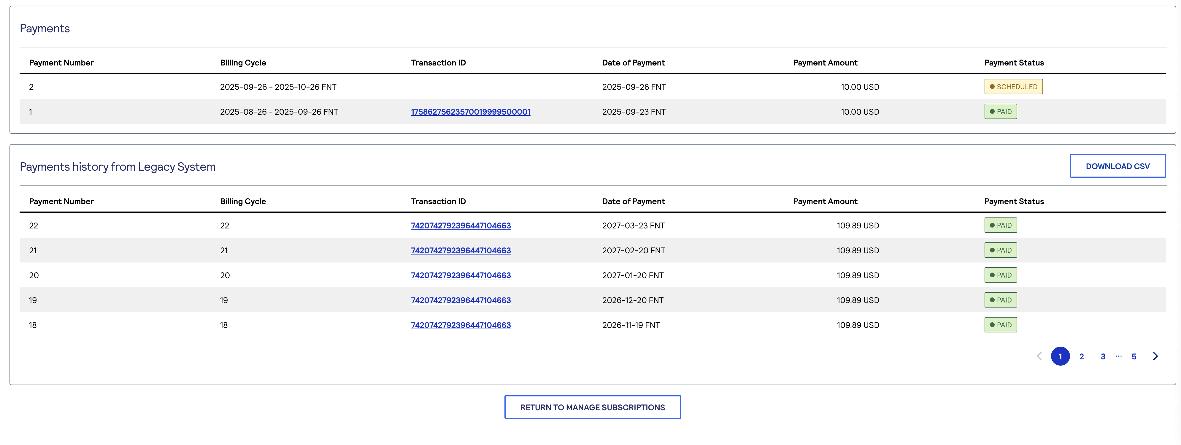 Screen capture example of business center payment history
