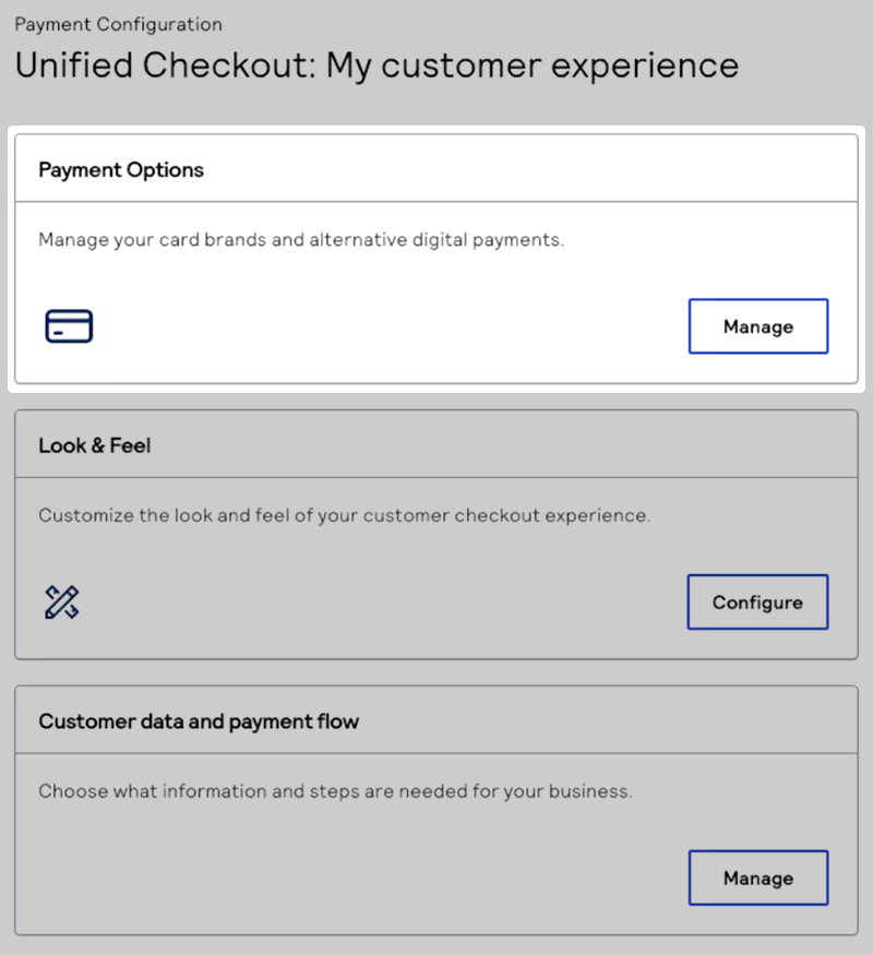 Image that shows the Unified Checkout payment options
                                page.