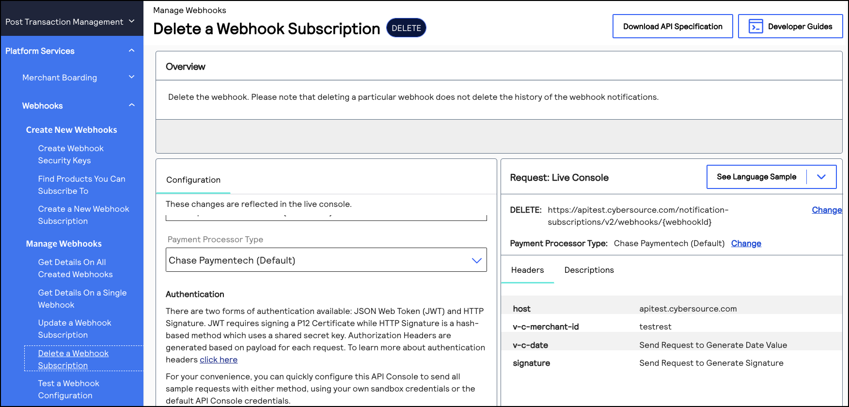 Image and link to the interactive code example for deleting a
                                webhook subscription.