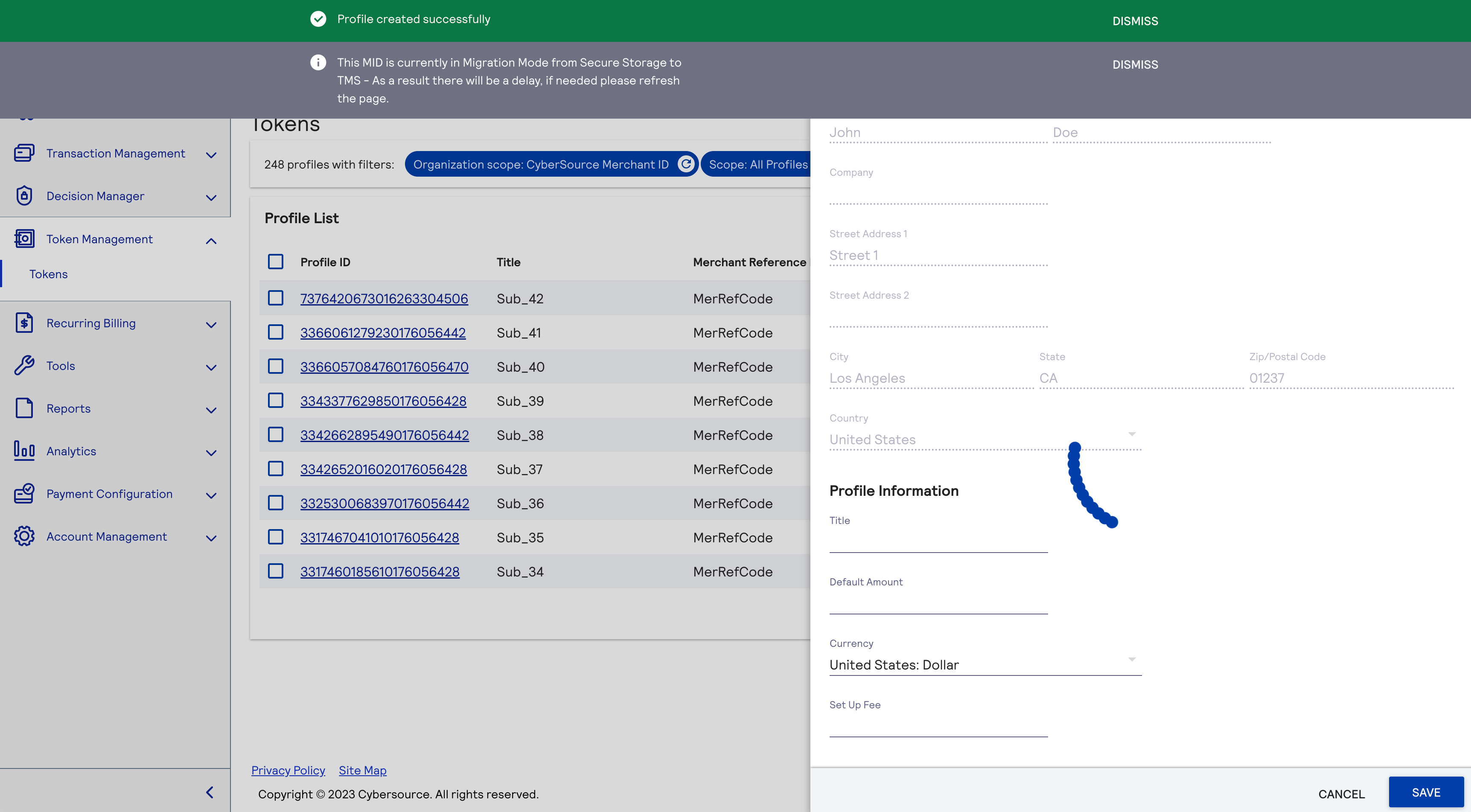 Screen capture example of business center tms tokens add profile success