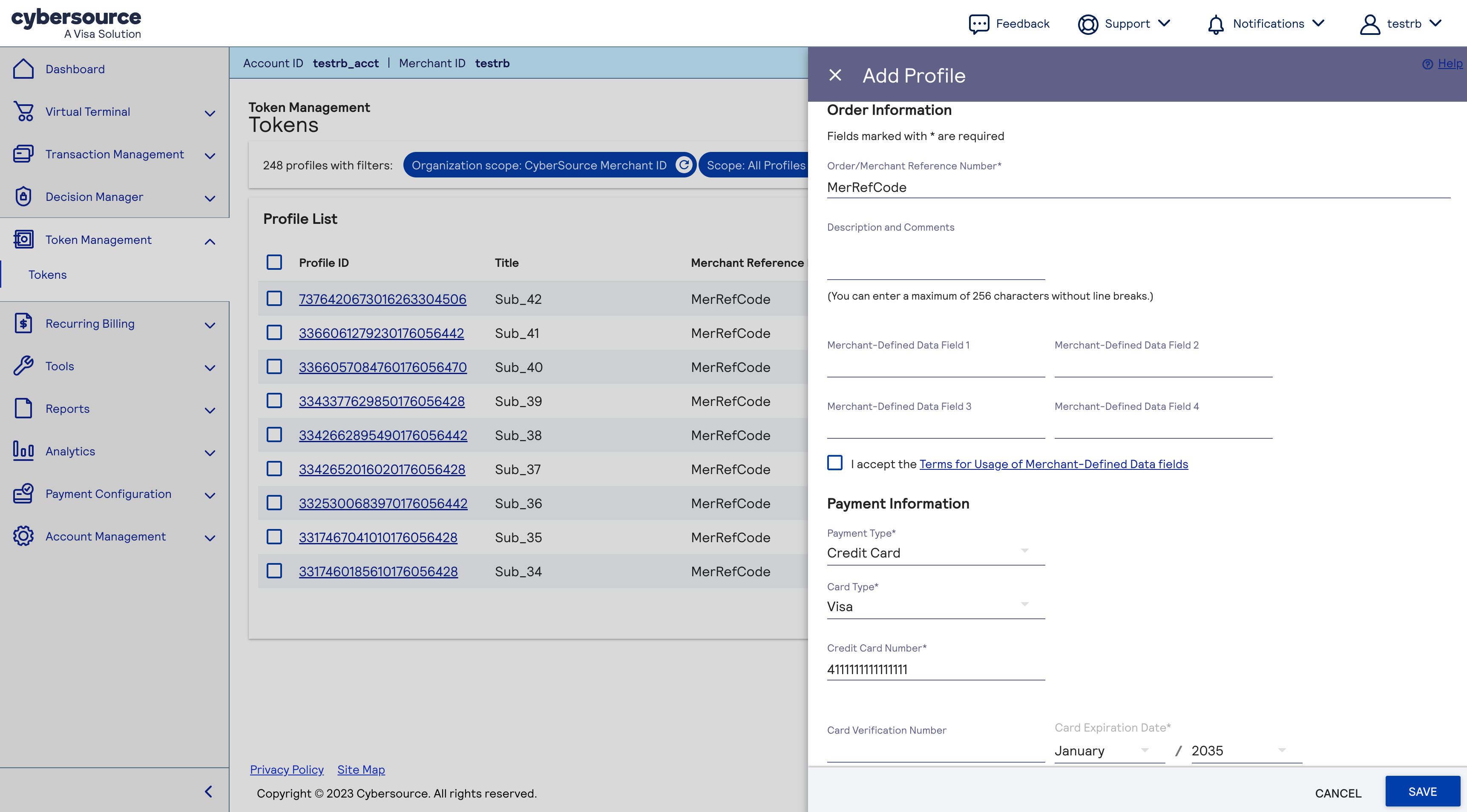 Screen capture example of business center tms tokens add profile