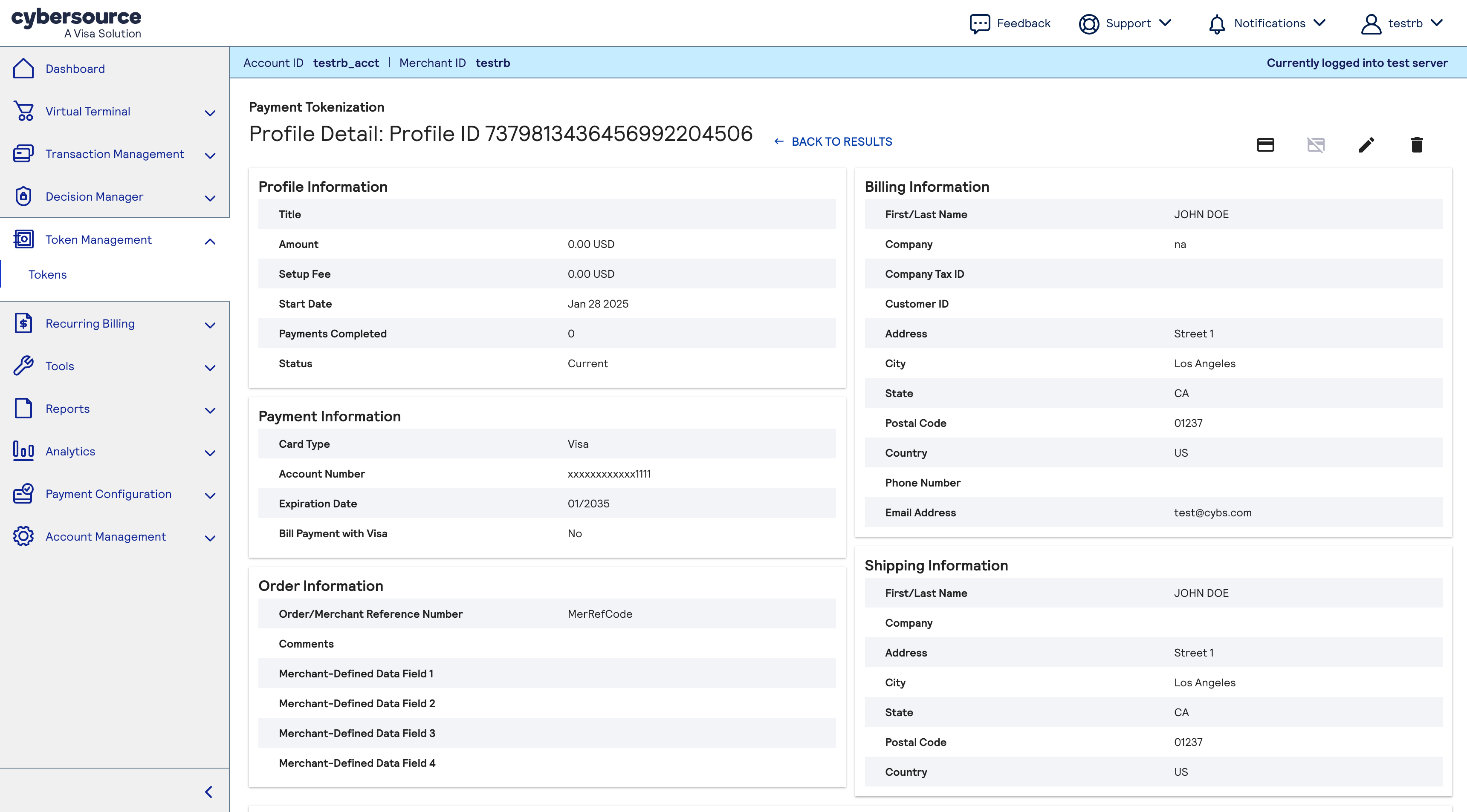 Screen capture example of business center tms tokens profile success details