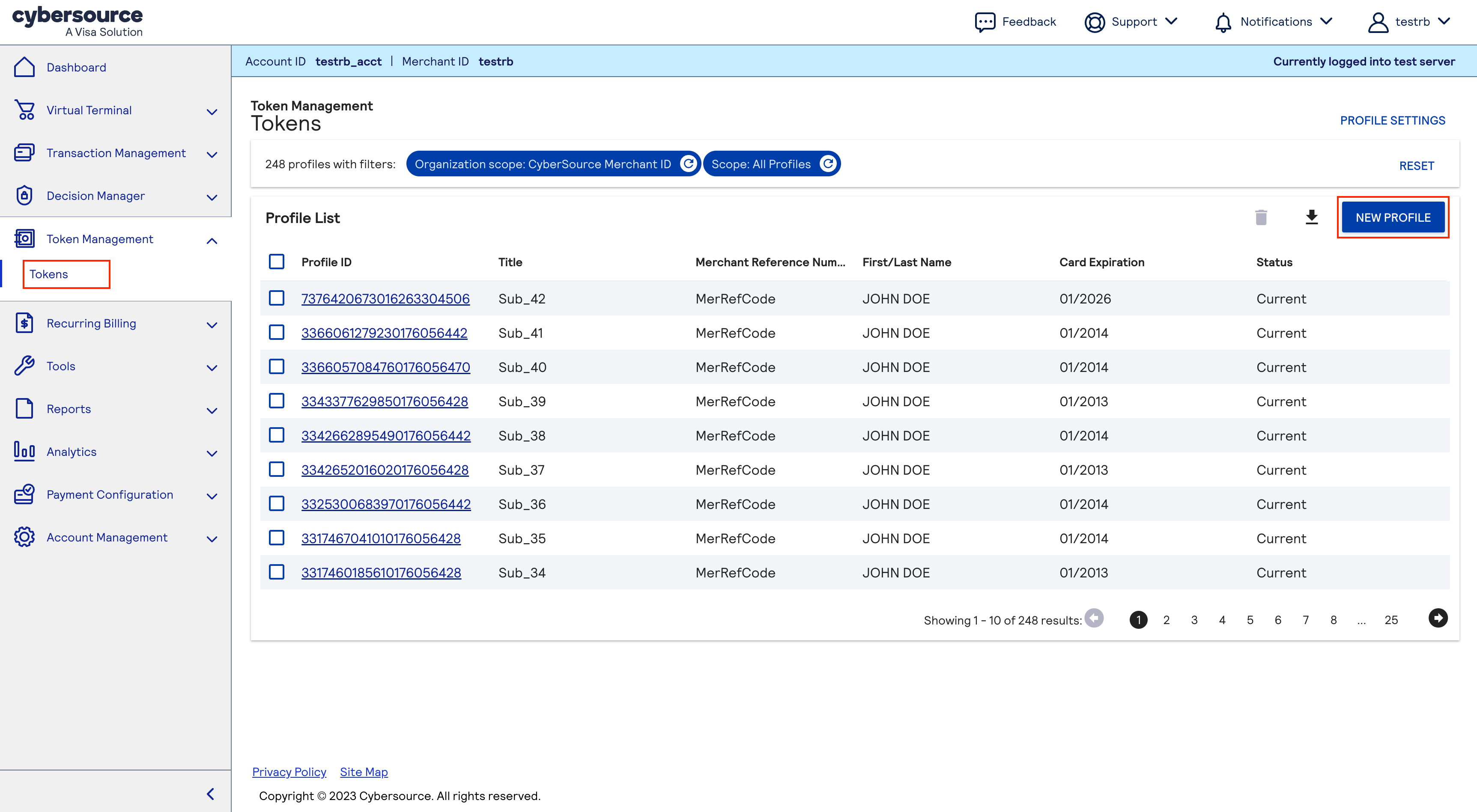 Screen capture example of business center tms tokens