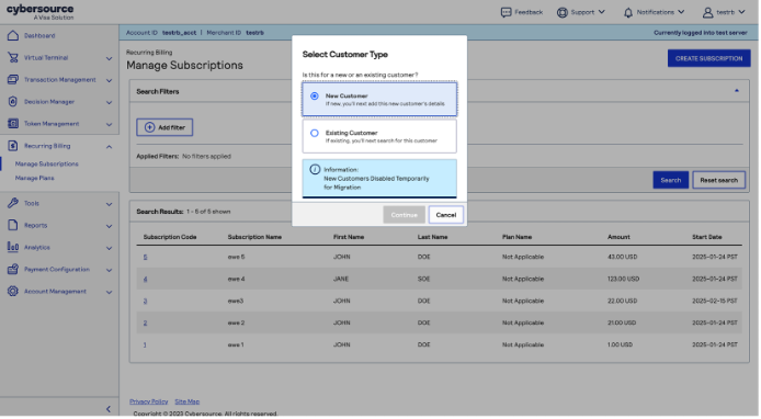 Screen capture of the Select Customer Type dialog in Manage Subsvcriptions