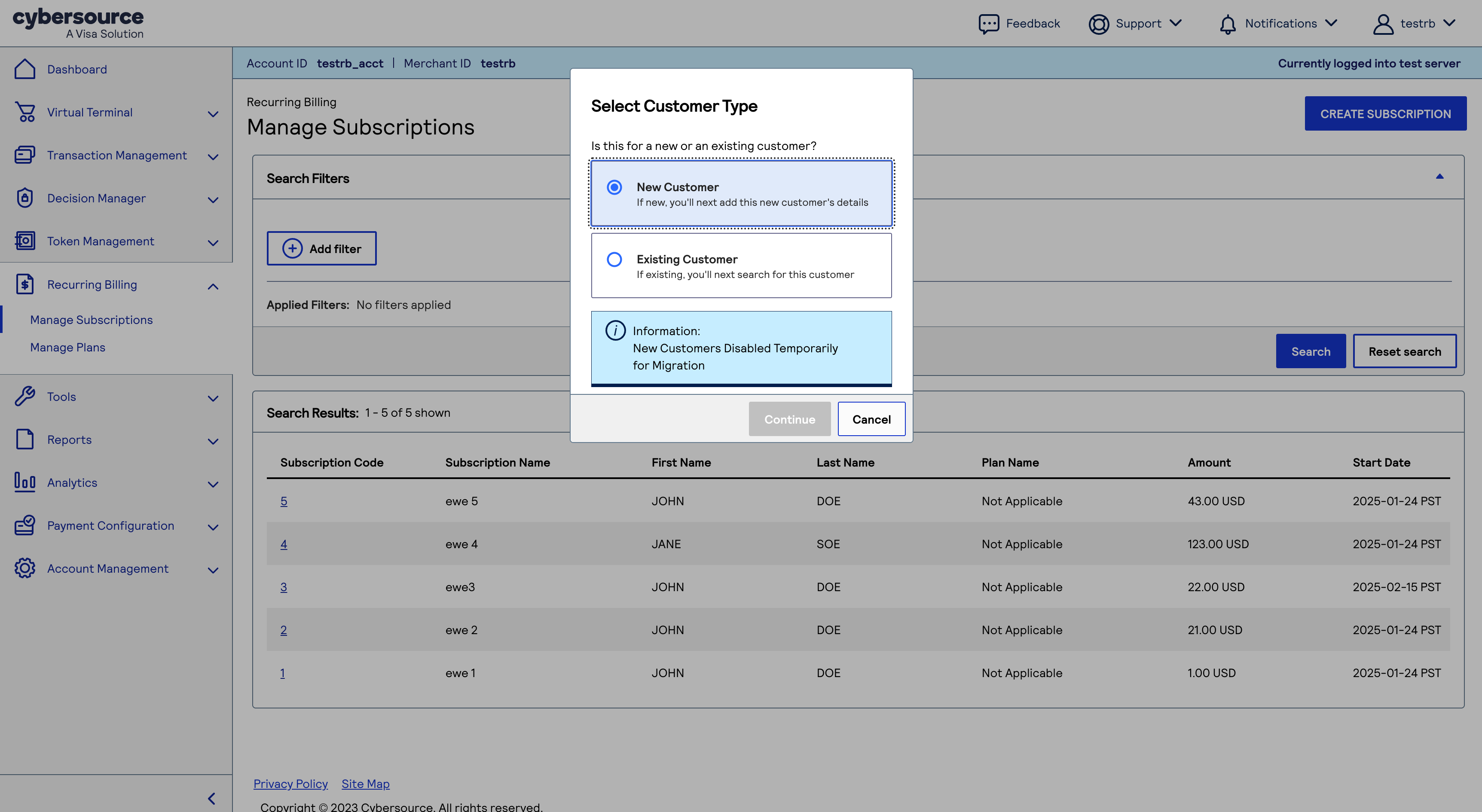 Screen capture example of business center manage subscriptions