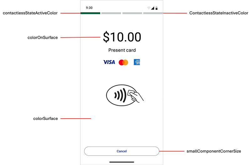Example 1, Tap to Pay on Android Default UI style elements showing icons, labeled
buttons, colors, and text