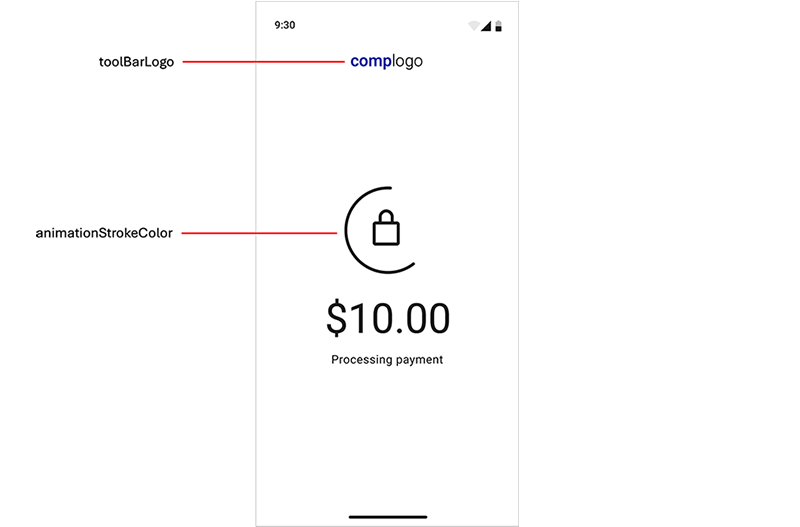 Example 2, Tap to Pay on Android Default UI style elements showing icons, labeled
buttons, colors, and text