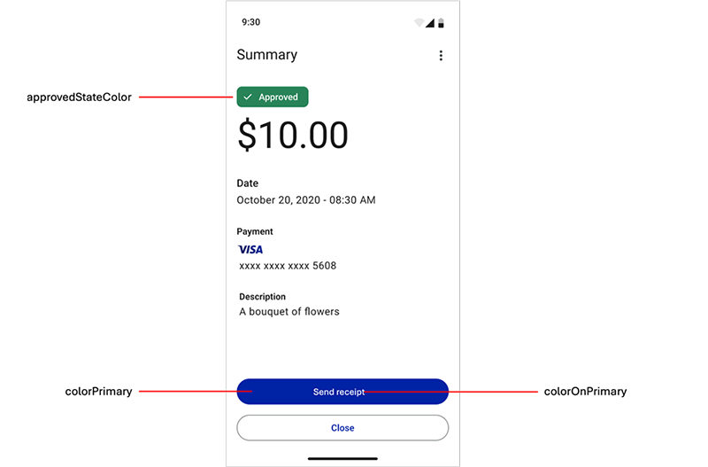 Example 3, Tap to Pay on Android Default UI style elements showing icons, labeled
buttons, colors, and text