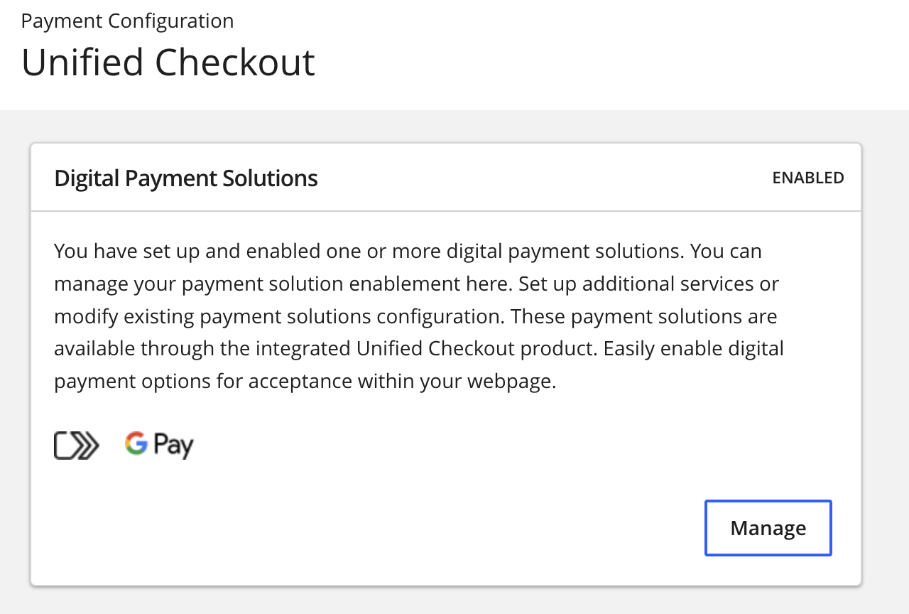Manage Unified Checkout Digital Payments Solutions