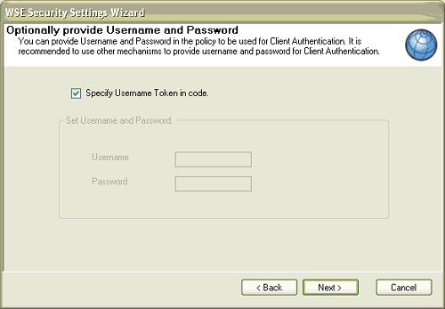 Select the Specify Username Token in code option.